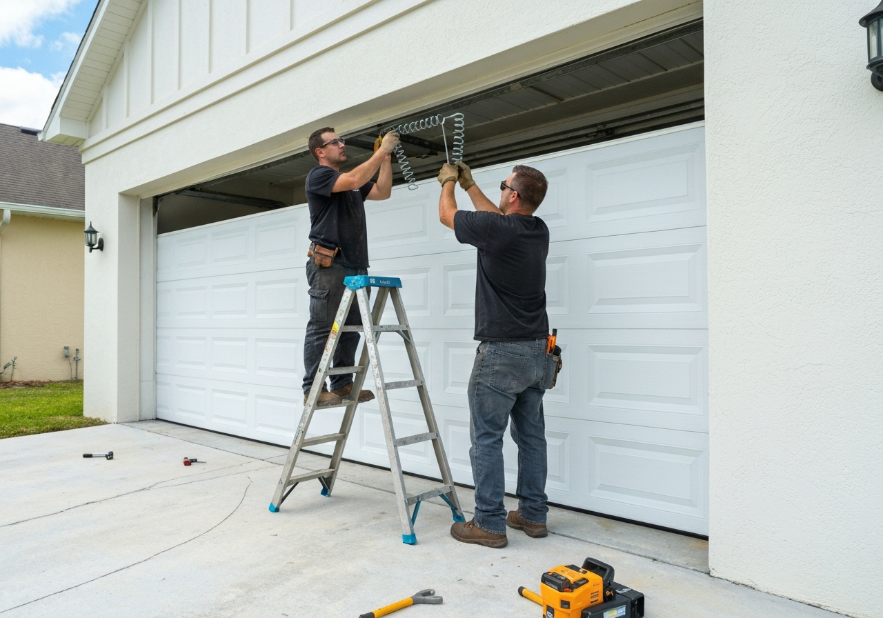 Technicians installing garage door spring on white garage door