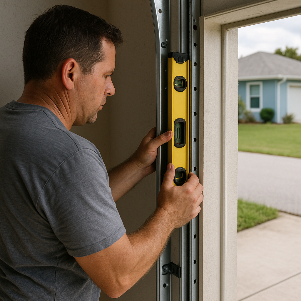 Handyman uses level to repair garage door track.