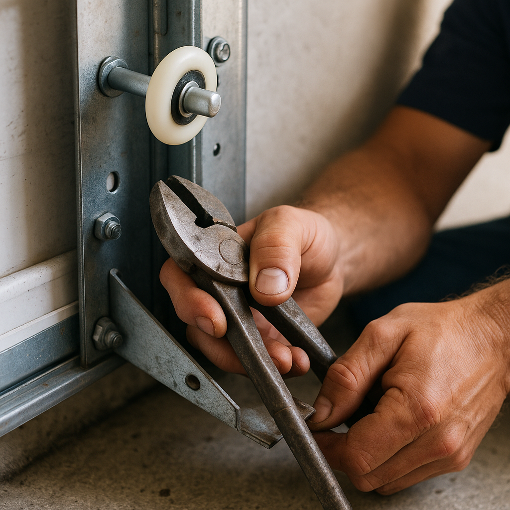 Garage door repair with pliers on a roller assembly