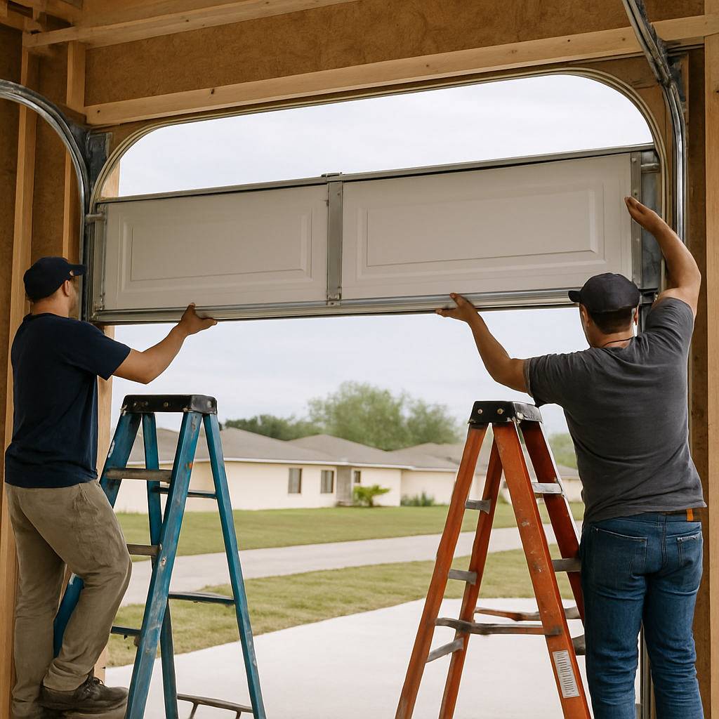 Garage door installation by professionals on ladders