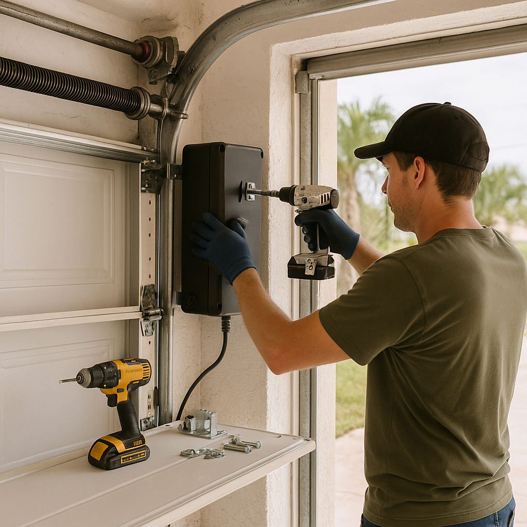 Man installing garage door opener with drill