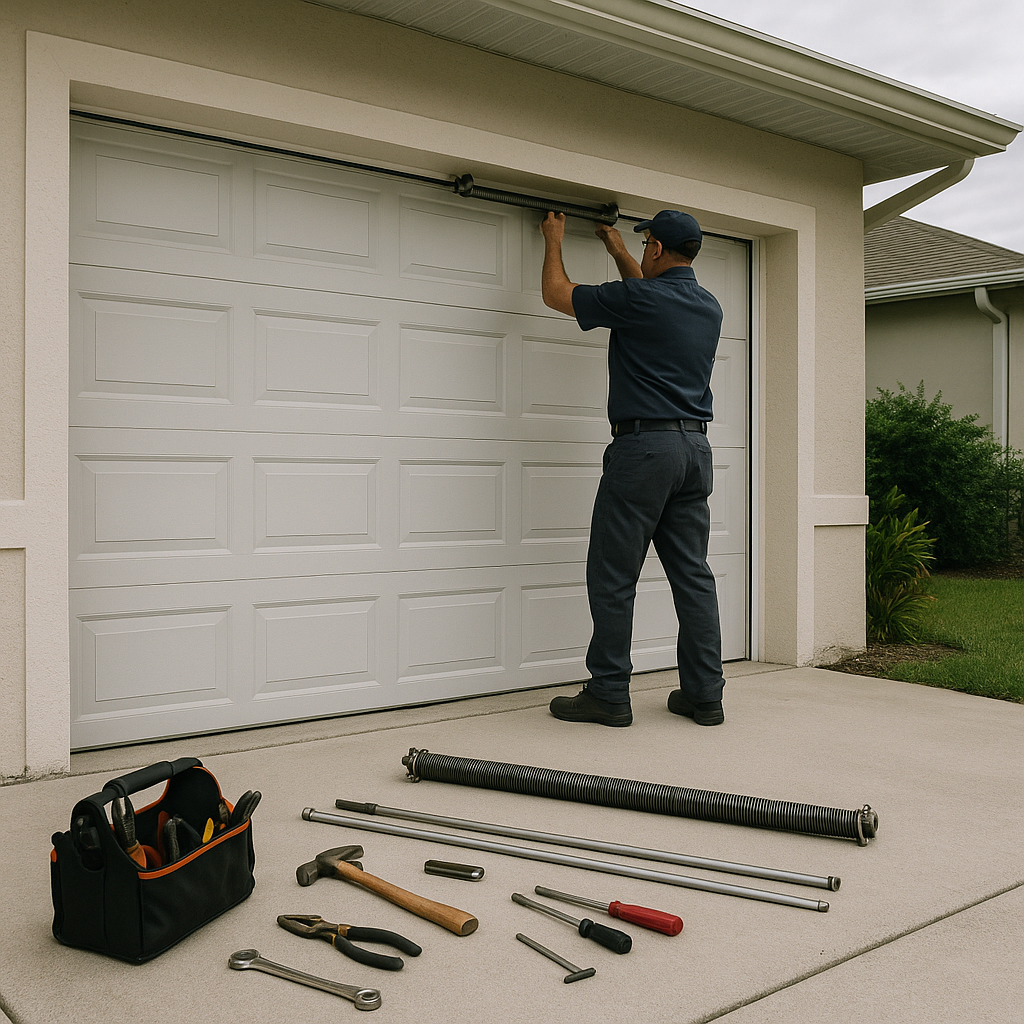 Garage door technician working on garage door with parts and tools in Punta Gorda Isles, FL