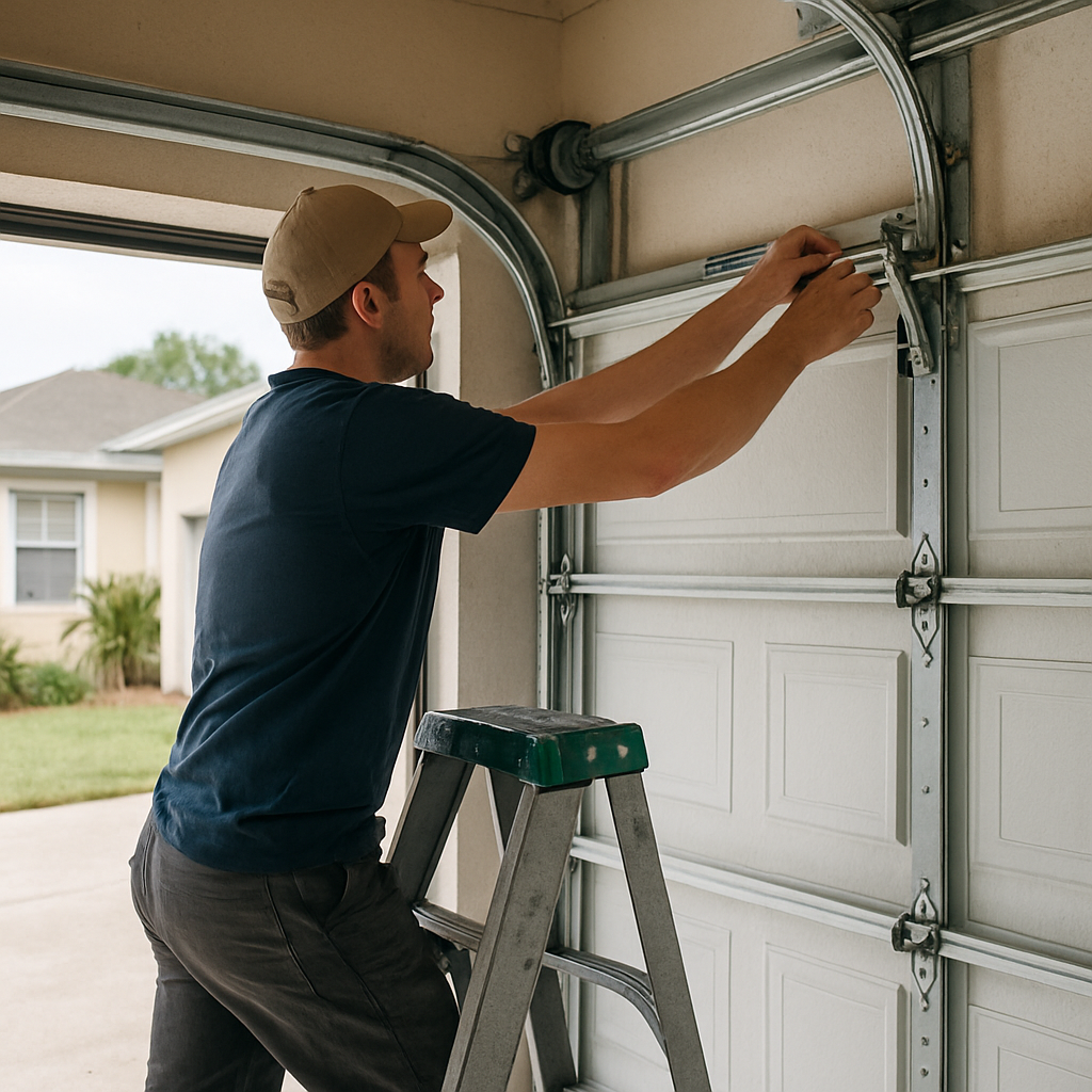 Garage door repair, garage door parts, technician working on garage door mechanism in Port Charlotte, FL