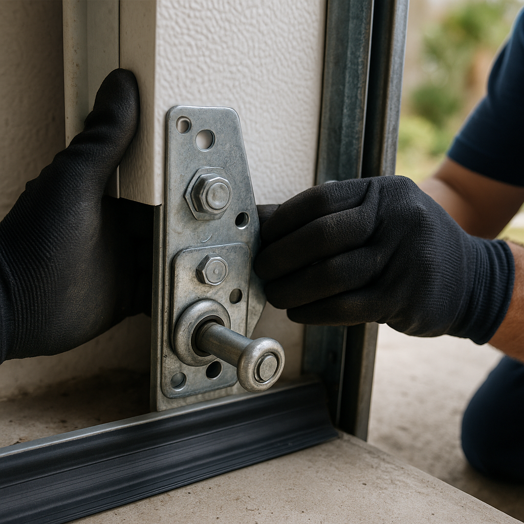 Gloved hand adjusts garage door roller for emergency repair in Port Charlotte, FL